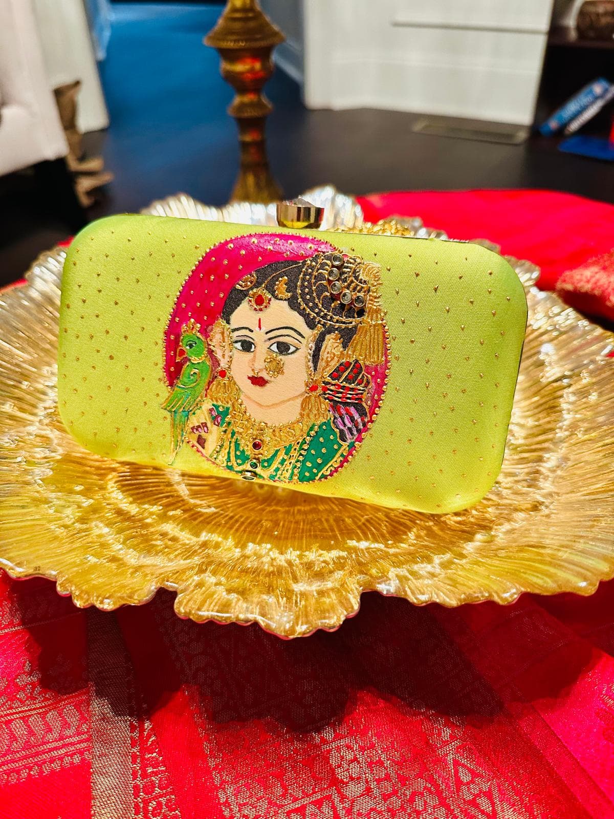 Hand-painted goddess silk clutch